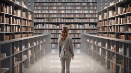 Back view of businesswoman standing in library and looking at bookshelvesの素材
