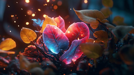 Colorful neon leaves on a dark background with fire and bokehの素材
