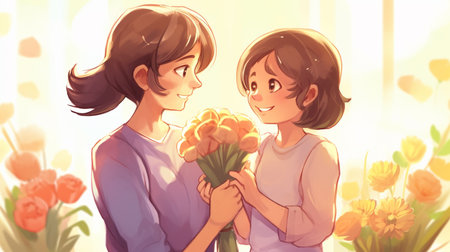 Illustration of a girl giving her mother a bouquet of tulipsの素材