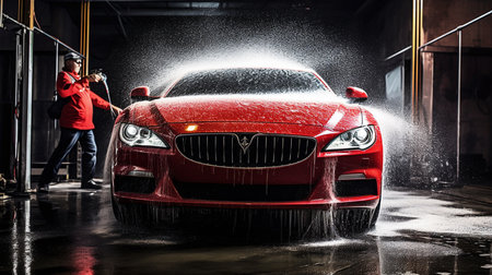 Car wash. Worker washing red car with high pressure water and foamの素材