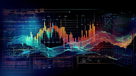 abstract background image with financial charts and graphs on the dark backdropの素材