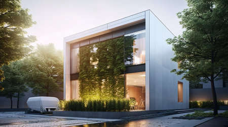 Modern office building exterior with glass facade and green trees. 3d renderingの素材