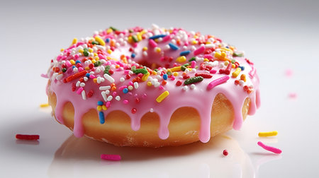 Donut with pink icing and colorful sprinkles on a white backgroundの素材