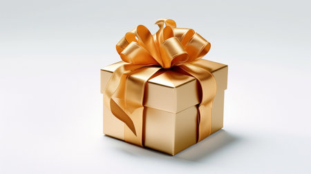 Golden gift box with gold bow on white background. 3d renderingの素材