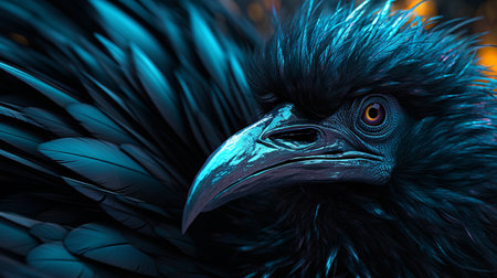 Close-up portrait of a black crow with blue feathers on a dark backgroundの素材