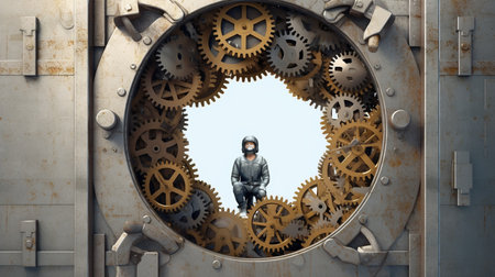 Conceptual image of a man in a gas mask looking through the gears of a mechanism.の素材