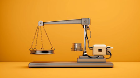 Scales of justice with scale on orange background. 3d renderingの素材