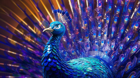 Beautiful peacock on a colorful background. 3d illustration.の素材