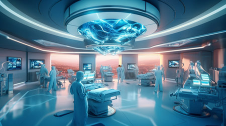 3D rendering of an operating room with a view of the cityの素材