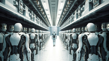 3D rendering of a female robot walking in a futuristic space stationの素材