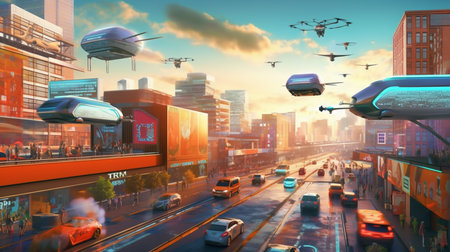 3D rendering of a city street with cars, buses and trucksの素材