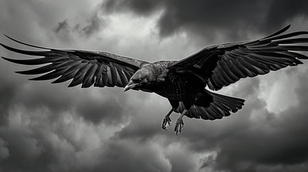 Black and white photo of a bald eagle flying in the dark skyの素材