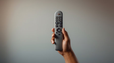 Female hand holding a remote control on a gray background. Close-up.の素材
