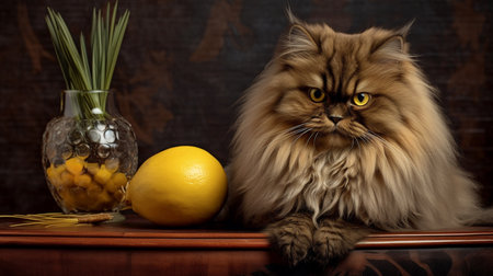 Persian cat with a lemon on the table. Studio shot.の素材