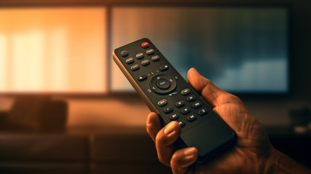 TV remote control in hand on the background of a TV set.の素材