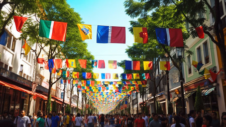 Colorful flags on the streets of Sevilleの素材