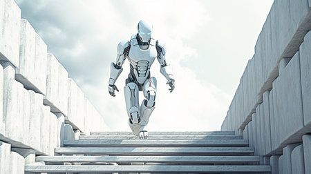 Robot walking up the stairs to success. 3D rendering.の素材