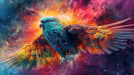 Colorful bird on a colorful background with fire and smoke. Illustration.の素材