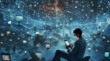 Businessman with tablet pc and media icons flying in air. Mixed mediaの素材