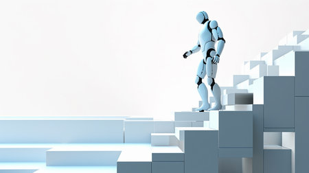 Robot standing on top of the stairs. 3D rendering.の素材