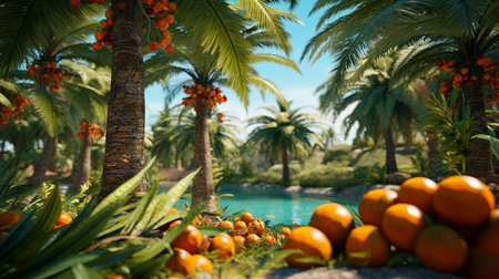 Citrus fruits on the background of palm trees and blue seaの素材