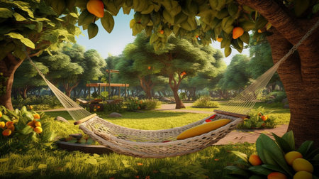 3d rendering of a hammock in a garden with orange treesの素材