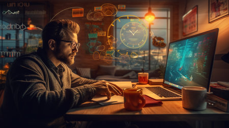 Young man working on laptop computer at home in cozy living room. Freelance concept.の素材