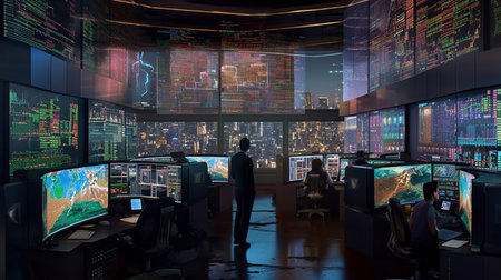 Business people working in modern office with big screens showing stock market dataの素材