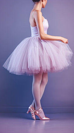 Ballerina in white tutu and pointe shoes posing in studio.の素材