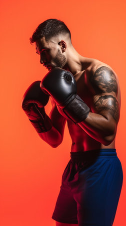 Portrait of a strong young boxer with boxing gloves on a red background.の素材