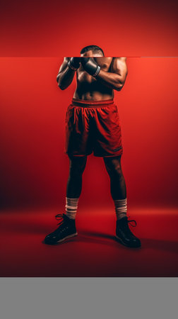 Full length portrait of a boxer in boxing gloves standing against red backgroundの素材