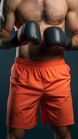 Boxer in red shorts and black boxing gloves on blue background.の素材