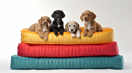 Studio shot of a group of dachshund puppies on a mattressの素材