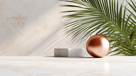 3d render of white marble podium with palm leaves and golden spherele backgroundの素材