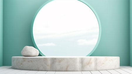3d rendering of a white marble podium in a blue room with a round windowの素材
