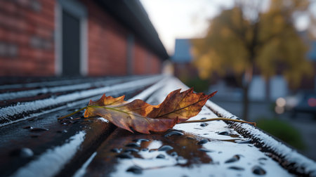 Autumn leaf on a bench in the city. Selective focus.の素材