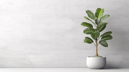 Ficus in pot on white table and concrete wall background. 3D Renderingの素材