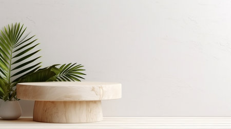 Wooden podium and palm leaves on white background. 3d renderingの素材