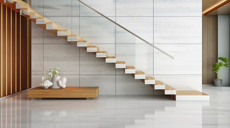 Interior of modern living room with white and wooden walls, concrete floor, wooden staircase and white cupboards. 3d renderingの素材
