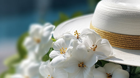 White hat and flowers of jasmine on a background of blue skyの素材