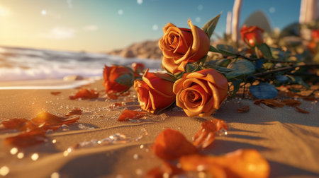 Orange roses on the beach with sunset background. 3d rendering.の素材