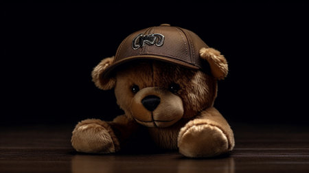 Teddy bear wearing a cap on a wooden floor with black backgroundの素材