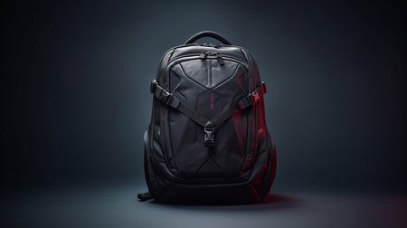 Black leather backpack on a dark background. 3d rendering image.の素材