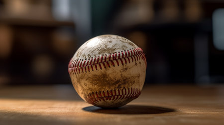 Old baseball on a wooden table in a room with a blurred backgroundの素材