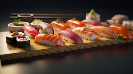 Sushi set on a wooden board. Different kinds of sushi.の素材