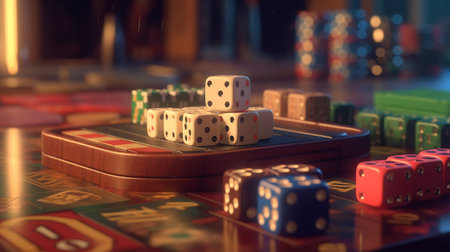 Casino roulette with dice and chips on wooden table. 3d illustrationの素材