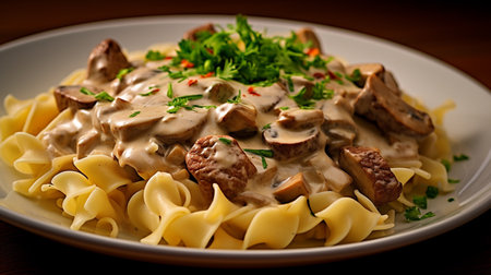 Tagliatelle with mushrooms and cream sauce on a wooden tableの素材