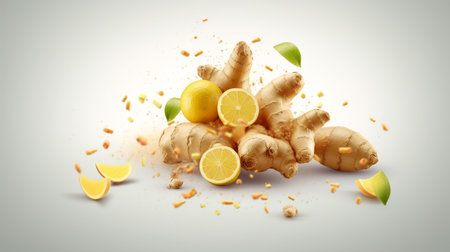 Ginger root with lemon and mint on white background. 3d illustrationの素材