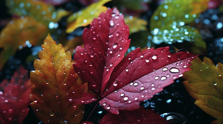Autumn leaves with water drops, close-up. Nature backgroundの素材