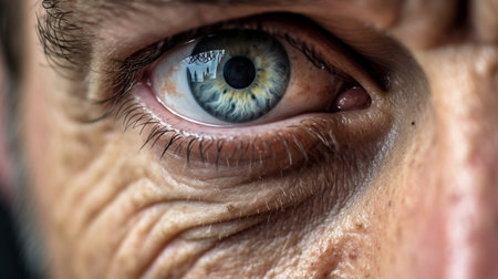 Close-up of an old man's eye with wrinkles and wrinklesの素材